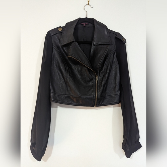 Material Girl Cropped Leather Jacket with Sheer Sleeves s: L - Picture 9 of 10